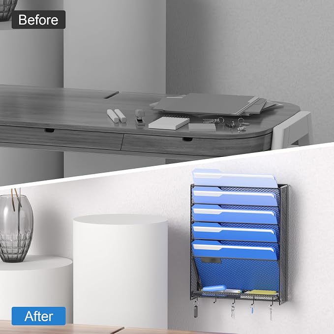 OUTWOLF Hanging Wall File Organizer with Hooks, 6 Tier Vertical Wall Mount File Holder, Paper Document Mail Organizer for Office, Pack of 2