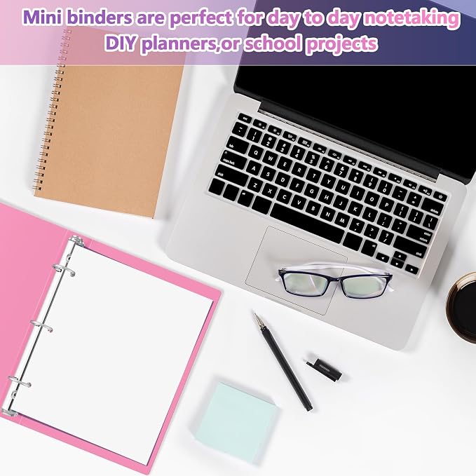 Henoyso 1 Inch 6 Pack Mini 3 Ring Binders for 5.5"x8.5" Paper,Pink | Holds 200 Sheets, Plastic Small Binders, Round Three Rings, Flexible PP Covers, School Office, Photo Album Planner Journal