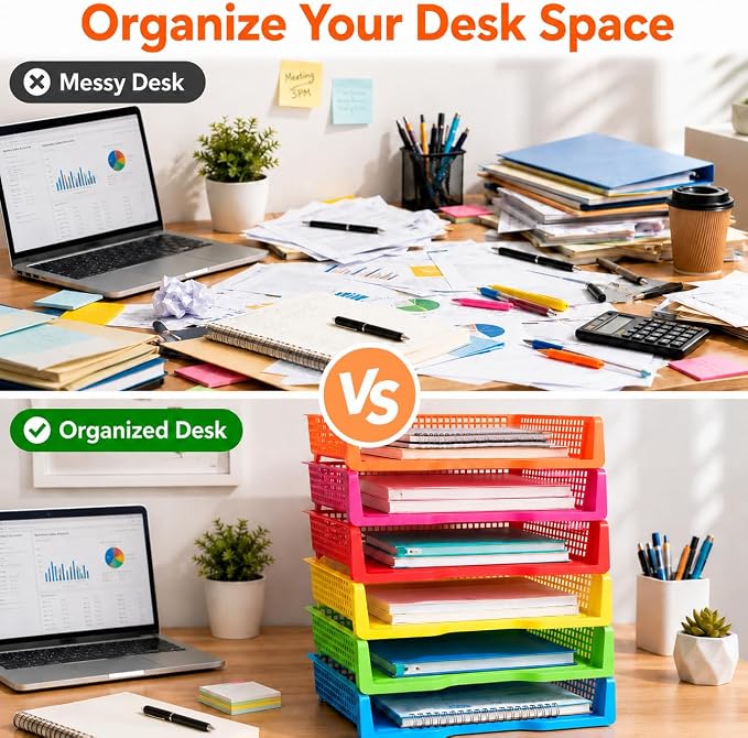 ZZYFGH 6 Pack Turn in Trays Classroom, Colorful Turn in Trays for Teachers, Plastic Classroom Paper Organizers, Stackable Tray for Classroom, Library, Drawers, Office Desk(13.4 * 9.5 * 2.7in)