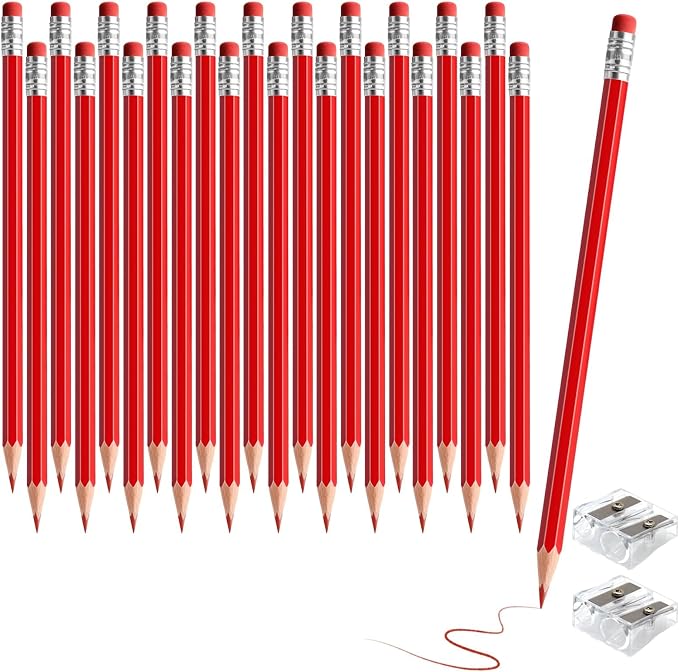 24PCS Erasable Colored Pencils with Eraser Pre Sharpened Pencil 2 HB - Ideal for Checking, Grading, Tests & Office/School Supplies (Red)