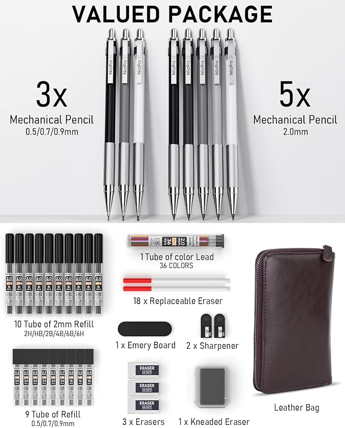 Nicpro 38PCS Art Mechanical Pencils Set in Leather Case