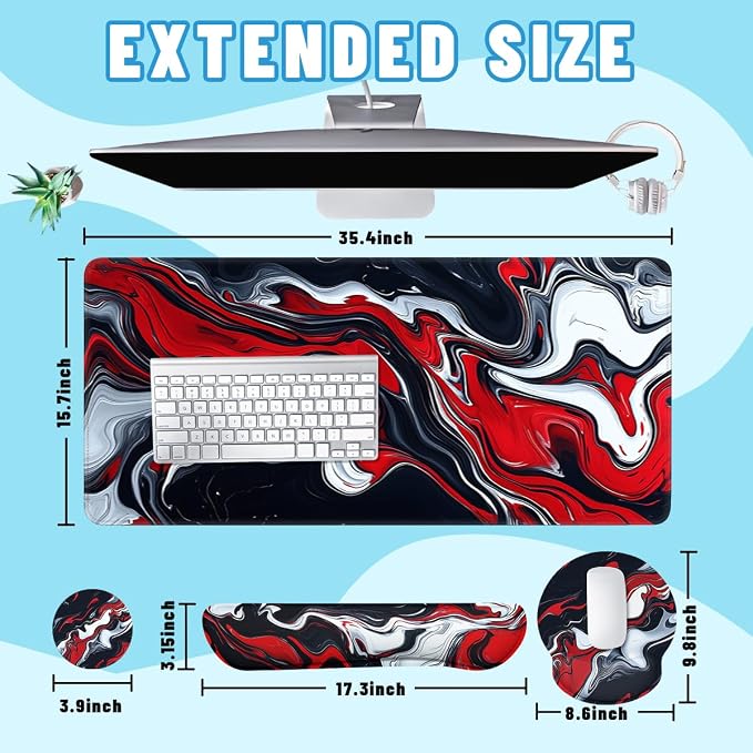 Abstract Art Mouse Pad Set Red Black White Modern Fluid Art Gaming Mousepad 4in1 Desk Mat for Desktop Wrist Support Cup Coaster Set Ergonomic Computer Desk Arm Wrist for Decor Home Office