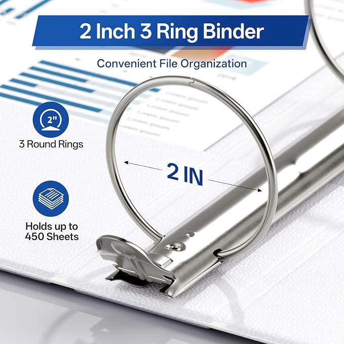GNL 2 Inch 3 Ring Binders Economy 8 Packs White, 2" Three Ring (Fits 450 Sheets of 8.5x11 Paper) Clear View PVC-Free & Non-Stick for School or Office Supplies
