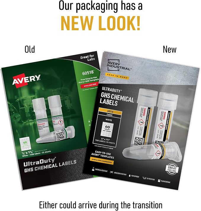 Avery® UltraDuty® GHS Chemical Labels for Laser Printers, Waterproof, UV Resistant, 0.5 x 1.75, Pack of 1,500 (60518)