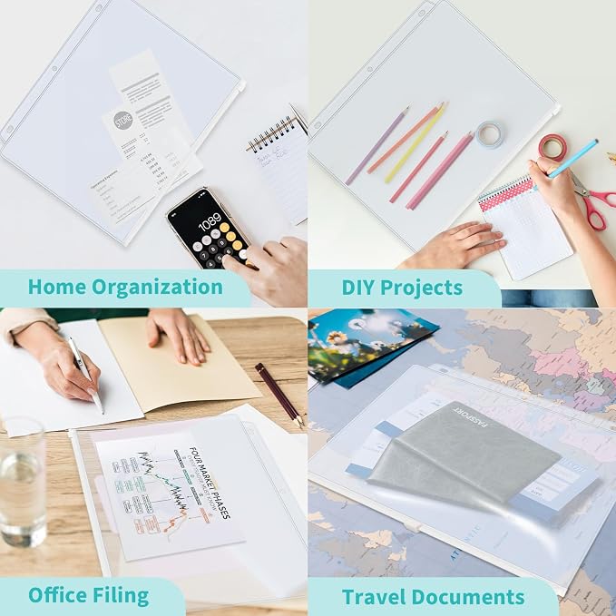 Binditek 10 Pack Zippered Binder Pockets, 3-Hole, Clear, White Zippers | Plastic Binder Pouches, Fits 3 Ring Binders, Waterproof PVC, Zipper Closure, Document Filing and Storage