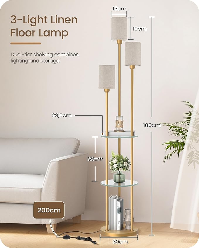 Floor Lamp with Shelves, Modern Floor Lamp with 3 Linen Shades and Foot Switch, 3-Light Standing Lamp, for Living Room, Bedroom, Study, Office, Gold and Beige ED53LD05