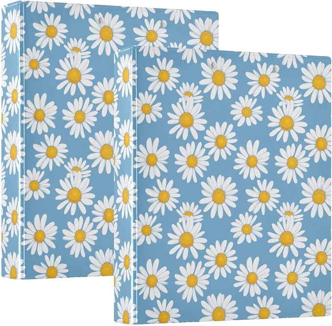 Flower Daisies Floral Hard Cover Ring Binder 1.5 Inch 3 Ring, Printed Ring Binder with Metal Non-Slip Clip Clear Pocket Water Resistant Round Ring Binders for Recipe Budget Office