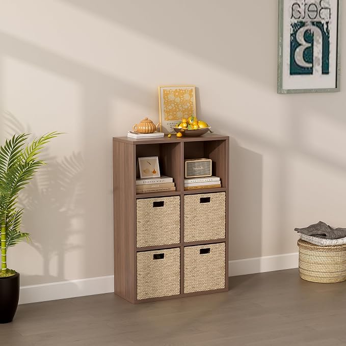 6-Cube Storage Shelf Bookcase, Walnut | Wooden 3-Tier Open Bookshelf, Fits 11×11" Bins, Vertical or Horizontal Use, Full Back Panels, For Home Office