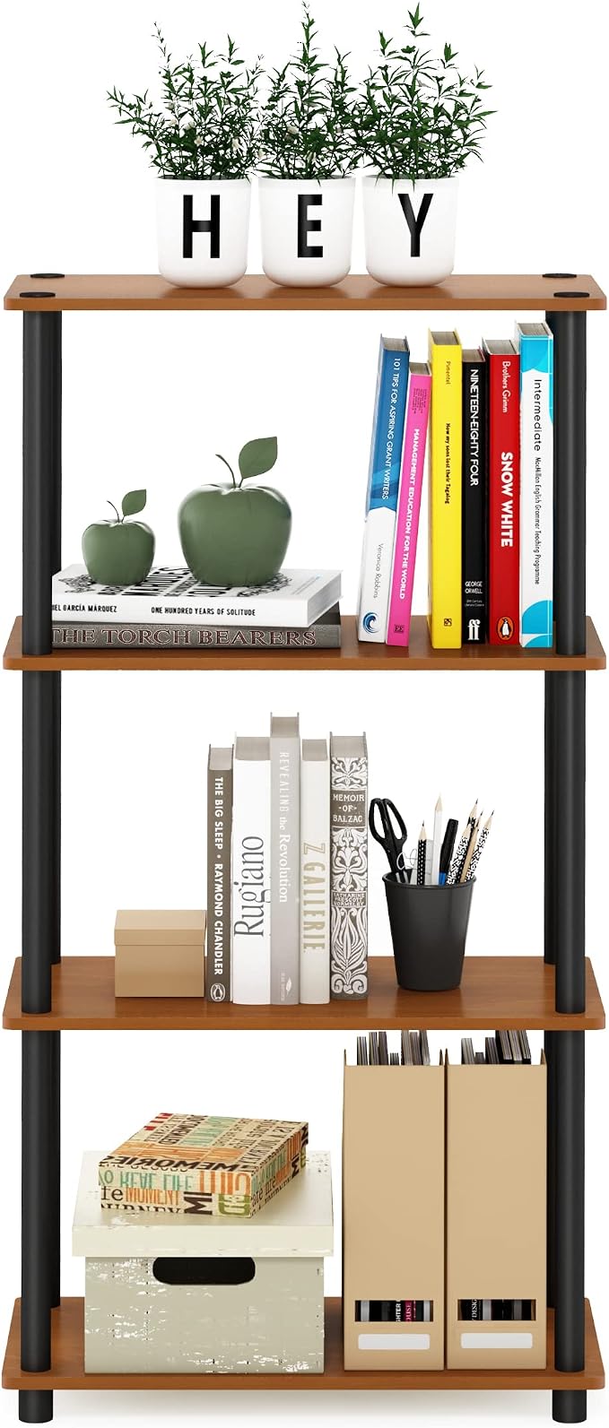 Furinno Turn-N-Tube Toolless 4-Tier Storage Shelves, Light Cherry | Wide Open Frame Book Shelf, Corner Shelf, for Organization, Living Room, Garage, Home Office