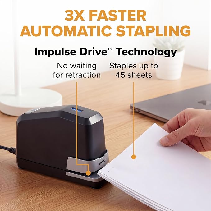 Bostitch Office Impulse Heavy Duty Electric Stapler Value Pack, 45 Sheet Capacity, Includes 5,000 Staples, No-Jam, Faster Stapling, Silver
