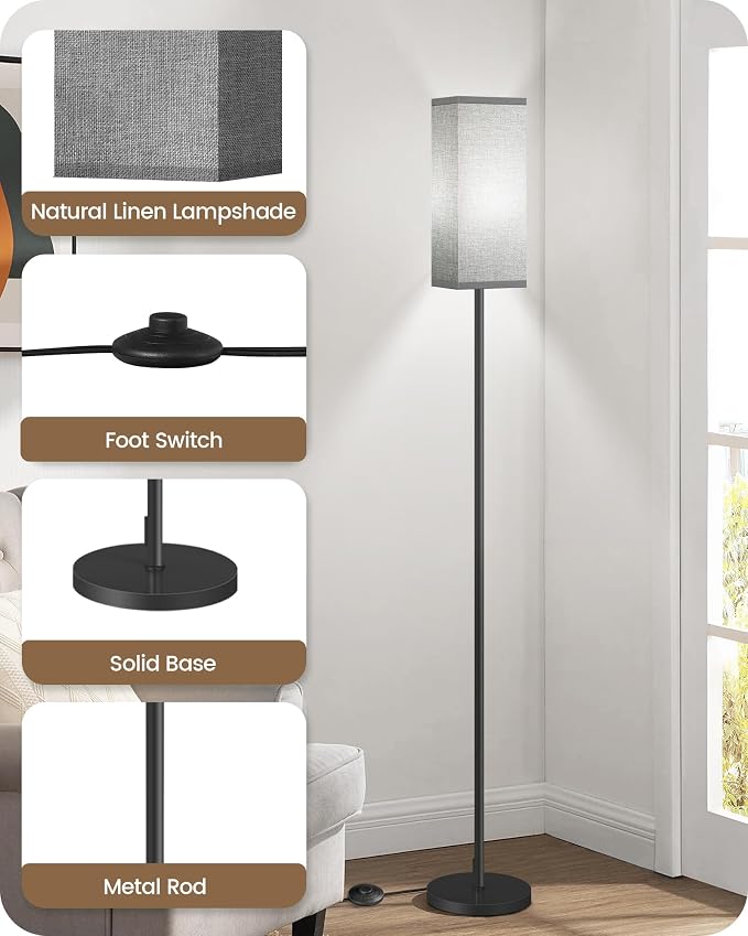 Floor Lamp, Pole Lamp with Foot Switch, Modern Standing Lamp Lampshade, Minimalist Freestanding Lamp (Bulb Not Included), for Living Room, Bedroom Office ETL Listed, Black and Gray H07LD05