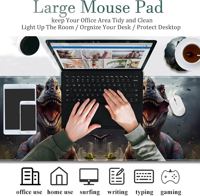 Extended Gaming Mouse Pad 31.5" x 11.8", with Edge Stitching, Non-Slip Rubber Base Keyboard Pad, Suitable for Work, Game, Office, Home and Coasters, Dinosaur