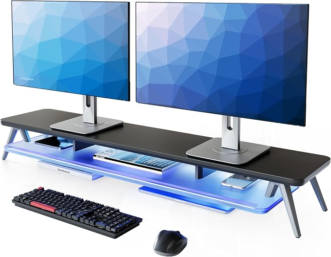 Fenge Dual Monitor Stand Riser with Phone & Tablet Slot, Black | Thickened Frosted Acrylic Shelf, Aluminum Legs, 2-Tier Storage, 42.5-Inch Desk Shelf for Gaming, Home Office & Streaming