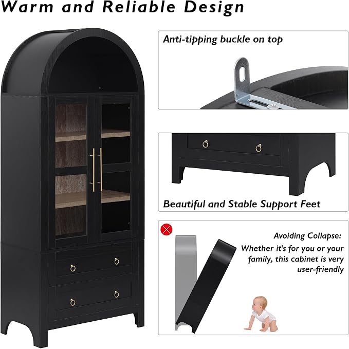 71" Arched Storage Cabinets with Glass Doors, Farmhouse Kitchen Pantry Cabinet with 2 Large Drawers, Tall Bookcase with Adjustable Shelves, Curio Cabinet, Display Cabinet (Black)