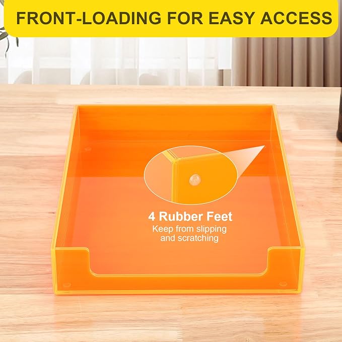 Paper Tray Acrylic File Organizer for Desk Letter Tray Desk Organizer Document Holder Sorter Storage for A4 Office Supplies Magazines, 13.8x10.6x2.4 Inches, Neon Orange