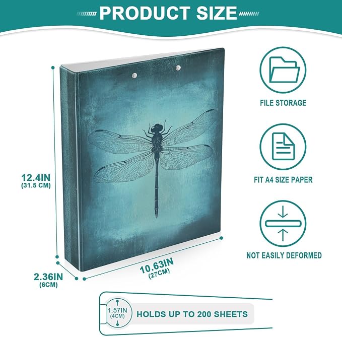Retro Teal Blue Dragonfly Binder 1.5 Inch Binder with Clipboard&Pockets, Vintage Hardcover Binders 3 Ring, Heavy Duty Large File Folder for Office School Supplies - Holds 200 Sheets, 2 Pack