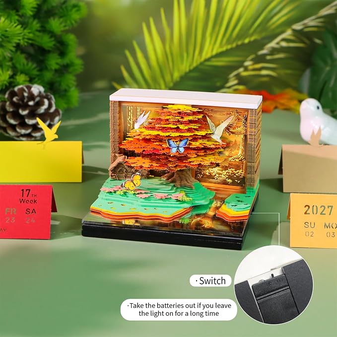 3D Time Piece Calendar, 2027 Desk Calendar With LED Light, 3d Tree Memo Pad Creative Desk Calendar, Christmas Gift for Colleague Friend, Desktop Decoration