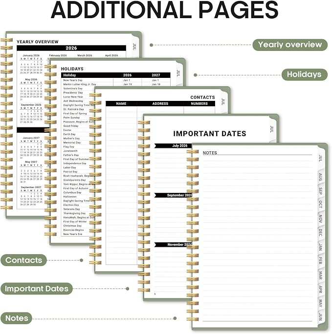Taja Planner 2026-2027, 6.3" x 8.5" Calendar Planner, Jul 2026-Jun 2027 | A5 Hardcover Weekly & Monthly Academic Year Planner, Large Planning Agenda With Tabs, School & Office Supplies, Green