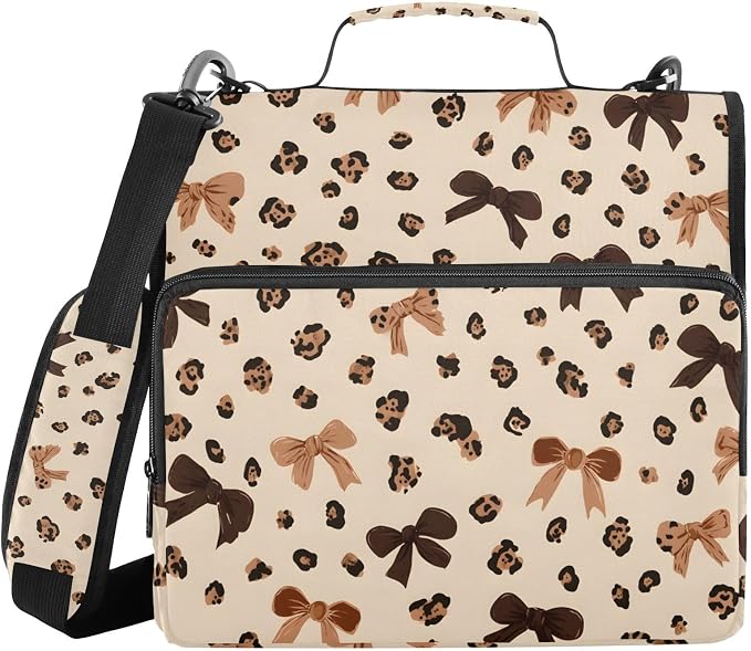 3 Ring Zipper Binder with Shoulder Strap Leopard Print Bow Pattern 1.5 inch Binders Keeper Large Capacity Multi Pockets for School Office Supplies