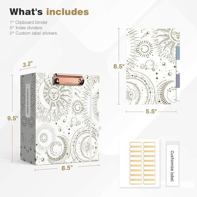 Ospelelf Mini 3 Ring Binder 2 Inch for 5.5" x 8.5" With 5 Tab Dividers, File Folder Labels and Low Profile Clipboards - Cute Tarot Cards Binder for School and Office Supplies