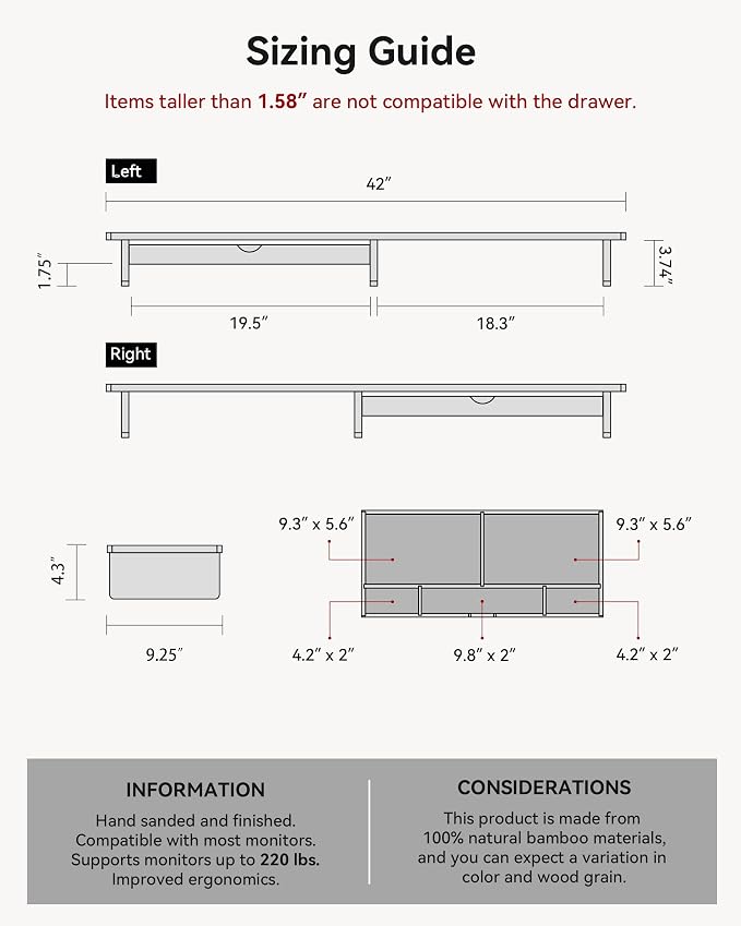 42” Monitor Stand with Large Drawer Keyboard Storage,Dark Bamboo | dual Computer monitor riser shelf for 55-72 inch desk aesthetic workplace computer setup desktop organizer easy assembly