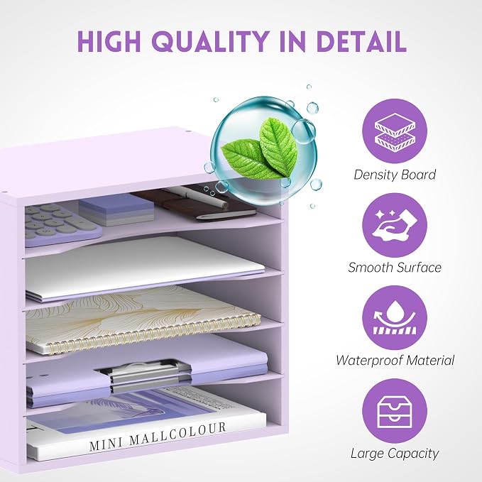 5 Tier Wood Desk Organizer, Paper Organizer for Desk, Purple | Wooden Desktop Organizer for Sorting Papers, Letters and Mails, Literature Organizer for Home Office, Classroom Organization