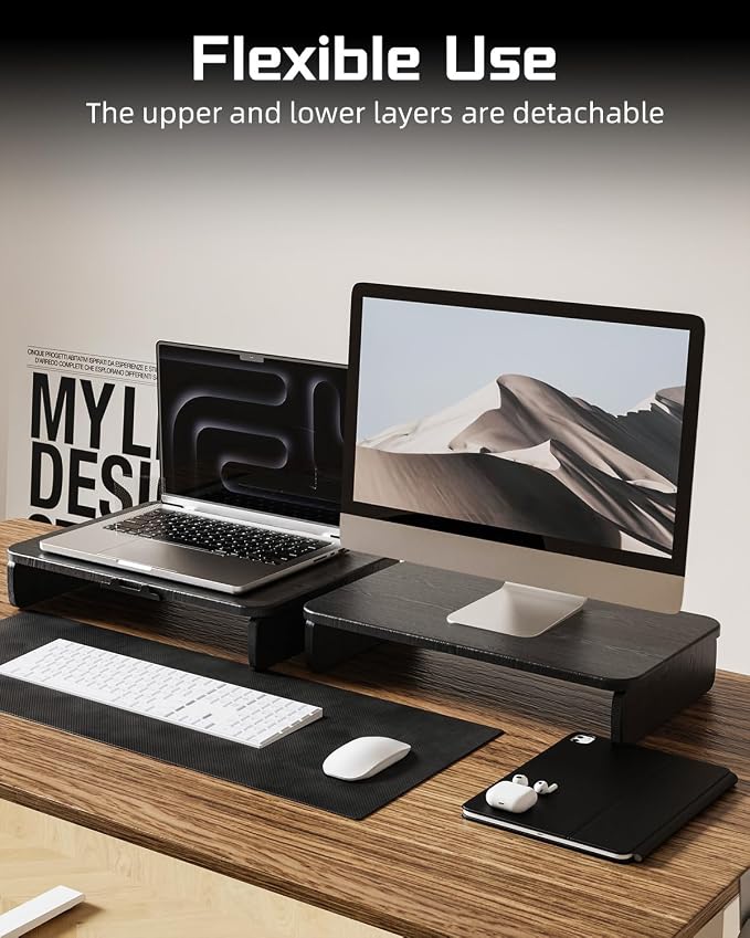 Dual-Layer Monitor Stand Riser, 2-Tier Ergonomic Desk Organizer with Hidden Phone Holder & Cable Management, Multi-use Desk Stand for Computer, Laptop, Office Supplies, Black