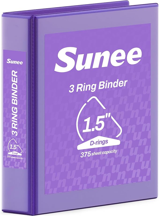 SUNEE 3 Ring Binder 1.5 Inch D Ring, Clear View Binder Three Ring PVC-Free (Fit 8.5x11 Inches) for School or Office Supplies, Dark Purple, 1 Pack