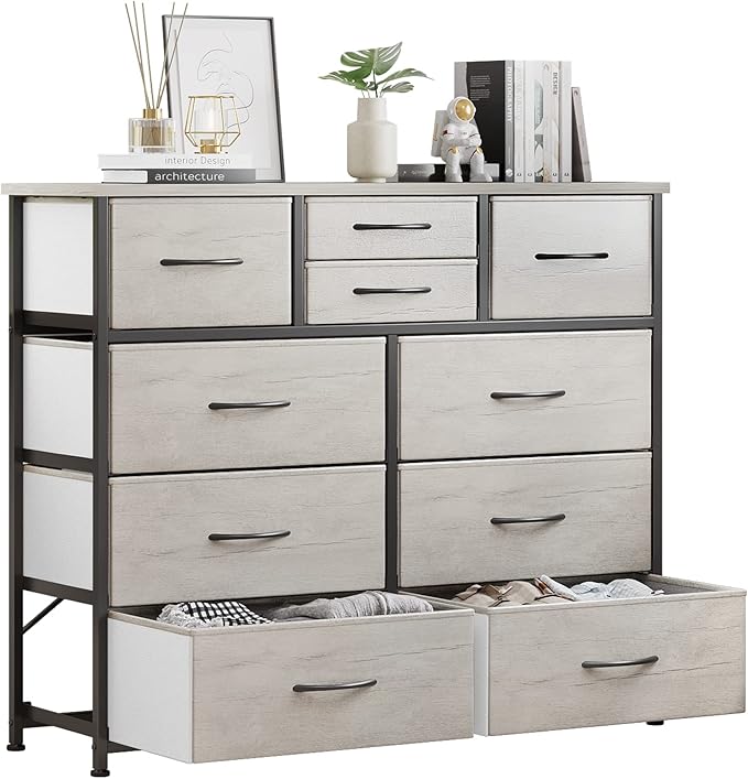LUMTOK 10-Drawer Dresser, Fabric Storage Dresser Drawers for Bedroom, Hallway, Nursery, Closets, Steel Frame, Wood Top, Easy Pull Handle (Greige)