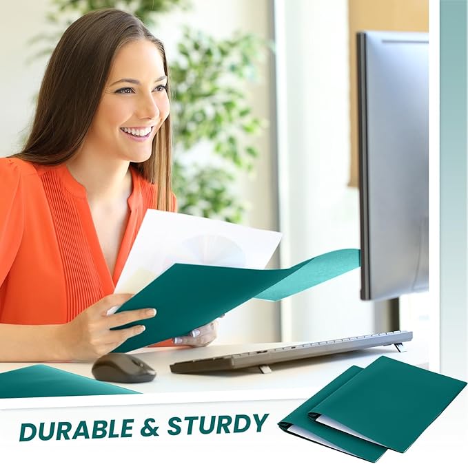 Lincia 100 Pcs Plastic Folders with Pockets and Prong Folders with Prongs 2 Pockets for Office, School for Students, Teachers, Office Workers(Dark Green)