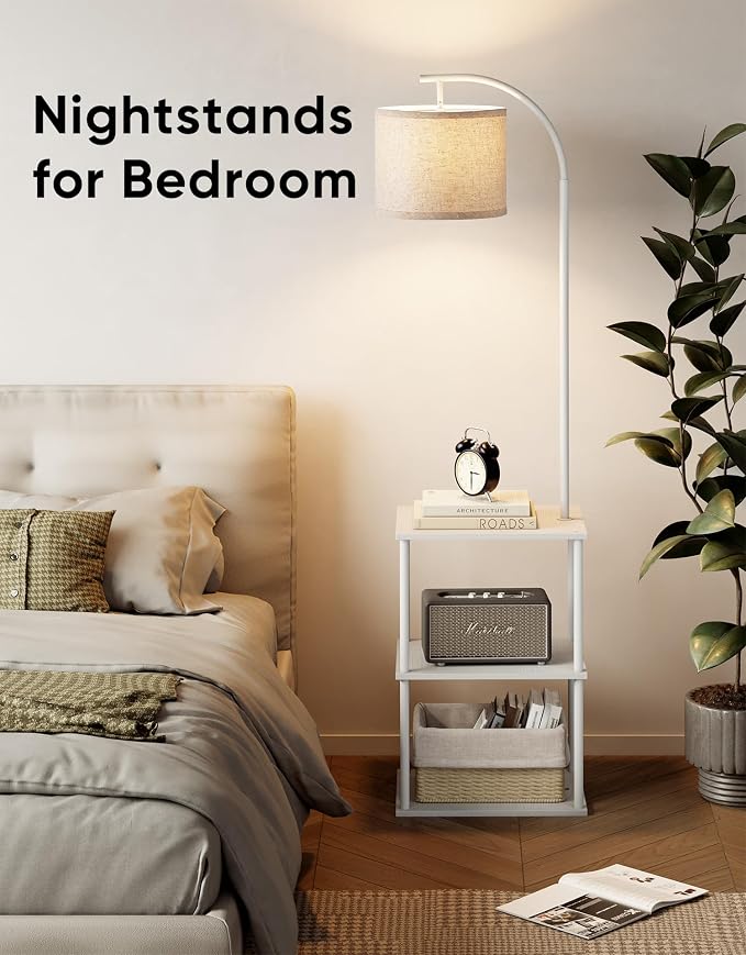 Floor Lamp with Table, Night Stand with Lamp, Narrow Side Table with 3CCT LED Bulb, Small Coffee Table, Modern End Table with Storage Shelves for Living Room Bedroom Home Décor, White