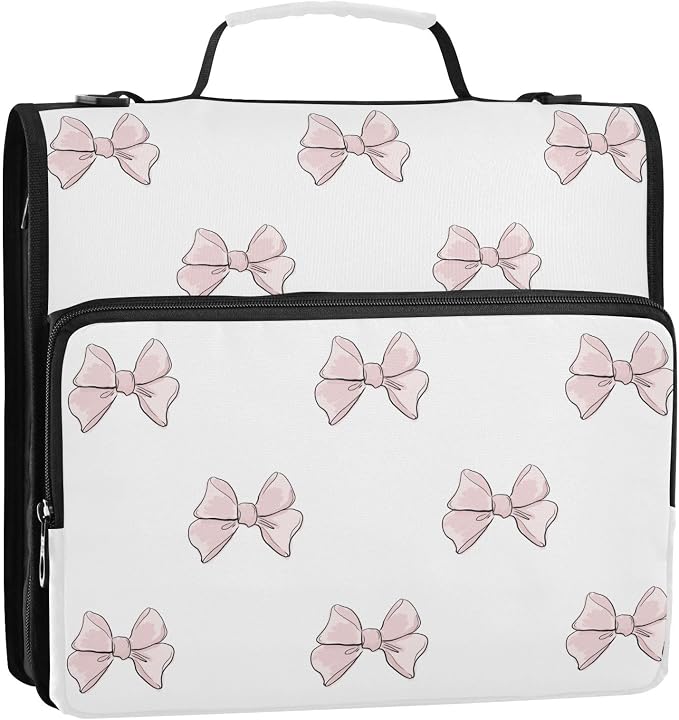 Cute Beautiful Pink Bow Zipper Binder with Shoulder Strap Bag 3 Ring Binder Organizer Large Capacity Multiple Compartments for School Office