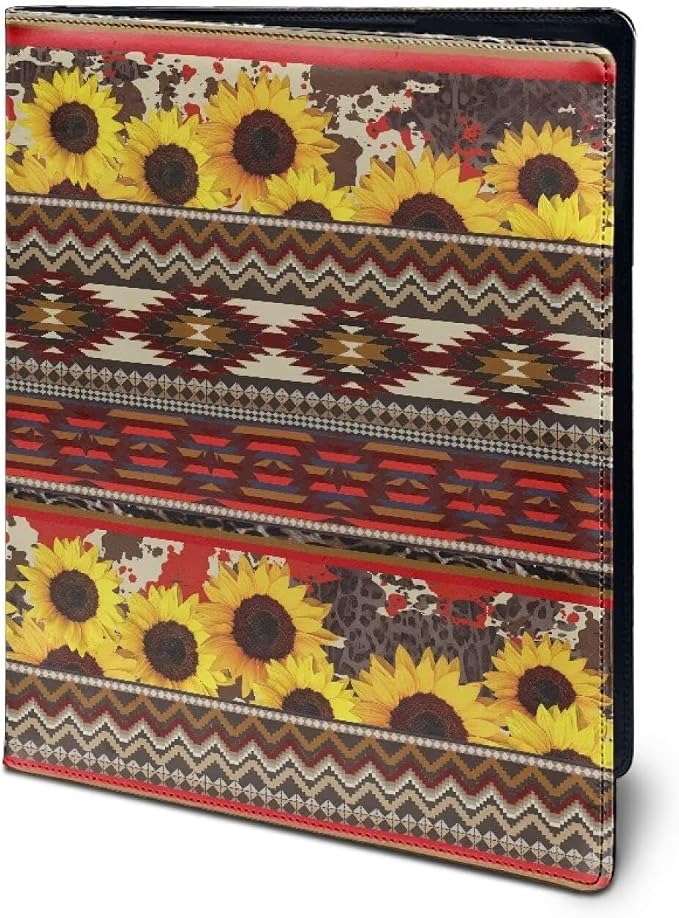 Dreaweet Sunflower Aztec Portfolio Binder Leather Padfolio for Women Personalized Resume Portfolio Folder Interview Document Organizer Card Holder Notepad Holder,Red
