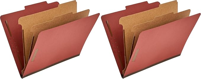 Amazon Basics Classification Folder with Prongs, Pressboard, 2 Dividers, 2-Inch Expansion, Letter Size, Red, Pack of 20, for Organizing Documents