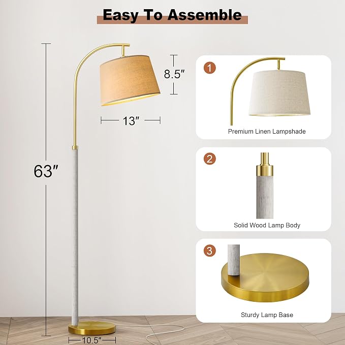 G-SAFAVA Real Wood Floor Lamps for Living Room Bedroom, 62.5" Mid Century Modern Lamp Gold Standing Tall Arc Lamps with Foot Switch, Floor Lamps for Nursery Office Decor Corner Reading Room Light
