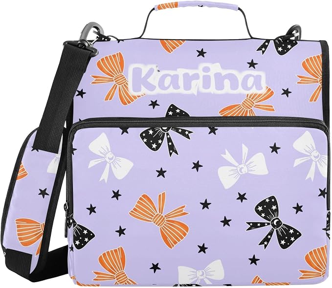 Custom Bow Star Black Print 3 Ring Zipper Binder with Shoulder Strap & Handle 1.5 Inch D-Ring Zippered Bag with Multiple Pocket, Personalized Binder Organizer for School or Office