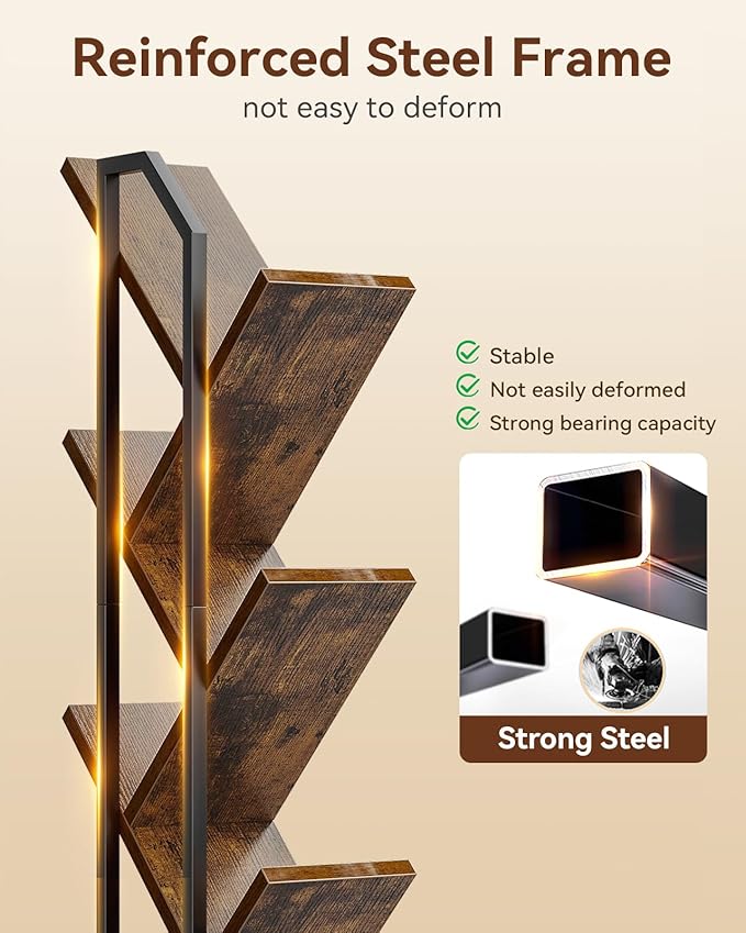 Casaottima Tree Bookshelf with LED Lights, 6-Tier Small Bookshelf, Vintage | Narrow Bookcase for Small Spaces, Steel & Wood Storage Shelf with Cabinet, Home Organizer for Living Room, Bedroom, Office