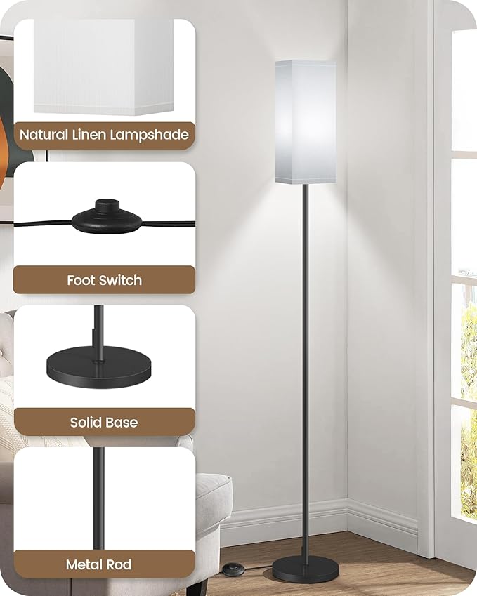 Floor Lamp, Pole Lamp with Foot Switch, Modern Standing Lamp Shade, Minimalist Freestanding Lamp (Bulb Not Included), for Living Room, Bedroom Office ETL Listed, Black and White CW07LD05