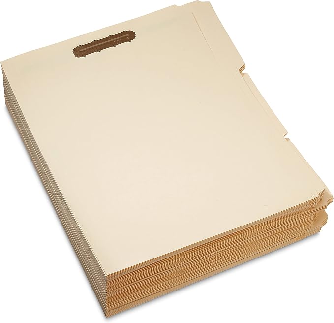 Amazon Basics Manila File Folders with Fasteners, 1/3 Cut Reinforced Tab, Letter Size, Expandable, Document Organizer, Beige, 50-Pack