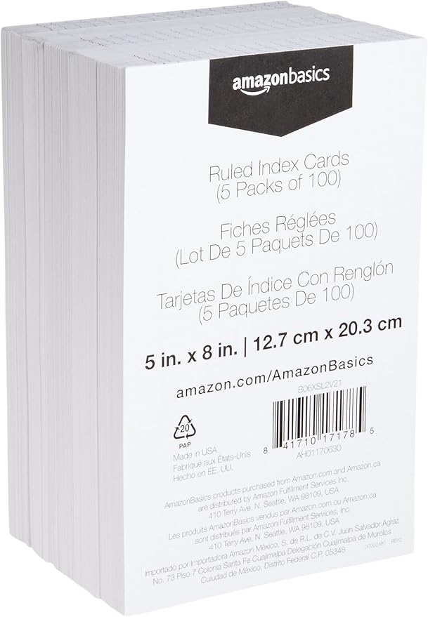 Amazon Basics Ruled Lined Index Note Cards, 500 Count, 5 Pack of 100, White, 5 in x 8 in