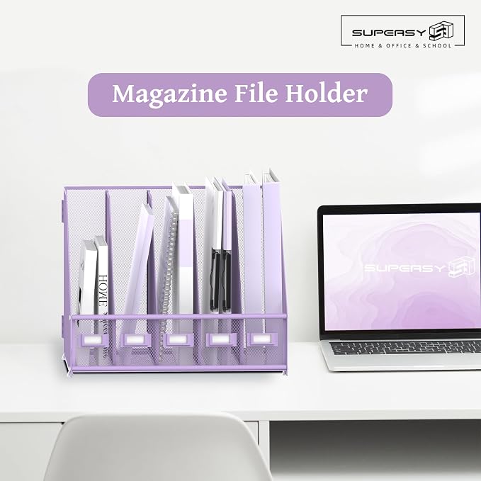 Desk Organizers Metal Desk Magazine File Holder with 5 Vertical Compartments Rack File Organizer for Office Desktop, Classroom, Home Workspace, Purple