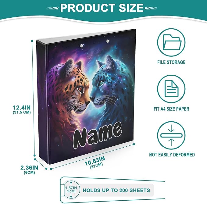 Custom 3 Ring Binder Cheetah Tiger Galaxy 1.5" Round Ring Binders Personalized Name View Binder with 200 Sheet for Kids School Supplies Women Men Office, 1 Pack