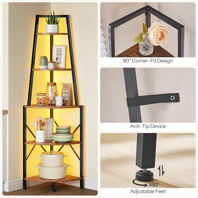 HOOBRO 5-Tier Corner Shelf with Lights, 67.9” Tall Corner Shelf Stand, Industrial Corner Bookshelf, Corner Plant Stand Display Shelf, for Living Room, Kitchen, Home Office, Rustic Brown BF120DCJ01