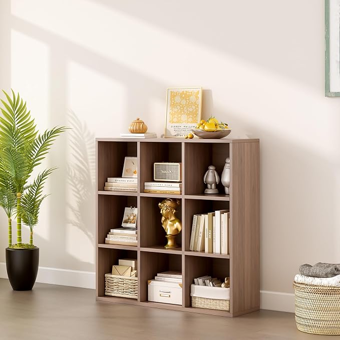 9-Cube Storage Shelf Bookcase, Walnut | Wooden 3-Tier Open Bookshelf, Fits 11×11" Bins, Vertical or Horizontal Use, Full Back Panels, For Home Office