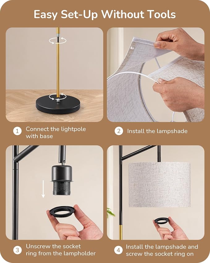 EDISHINE Black Gold Modern Floor Lamps for Living Room, Arc Standing Lamp | Bulb Included, 3 Color Temperatures, Flexible Lampshade, Foot Switch, Weighted Base, Tall Light for Office, Bedroom