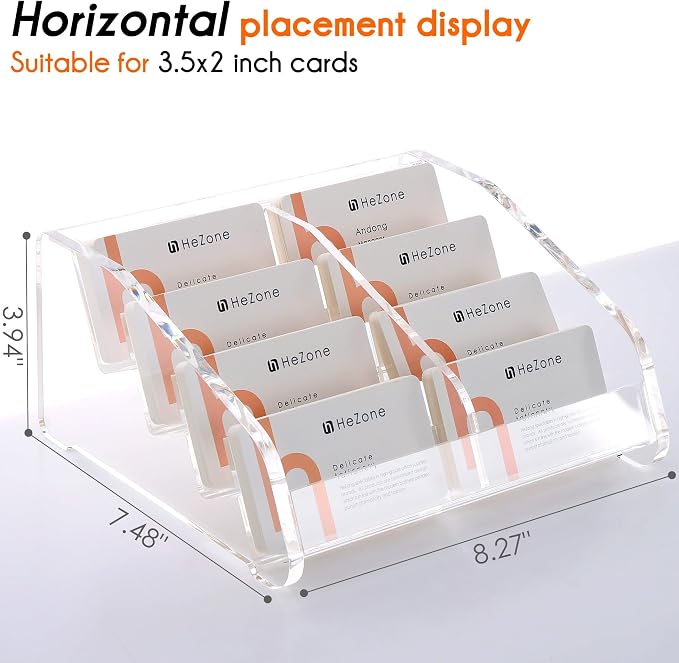 HeZone Business Card Holder for Desk Clear Acrylic Cards Stand Rack Multiple 8 slots 4 Tier, Business Card HolderDisplay for Women and Men Organize 400 Cards (8 Slots)