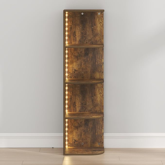 Furinno PASIR Book Shelf with LED Lights, 4-Tier Bookshelf, Open Corner Shelf Bookcase, 9.3 x 12 x 41.4, for Home Office, Living Room, Study Room, Amber Pine