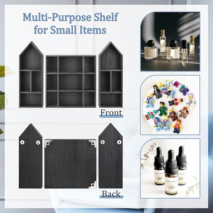 Ikee Design 3-Pc Wooden Shadow Box Shelf for Collectibles | 17 compartments Wooden Shadow Cubby Box Display Shelf Organizer Storage Shadow Box for Collectibles, Figures, Black