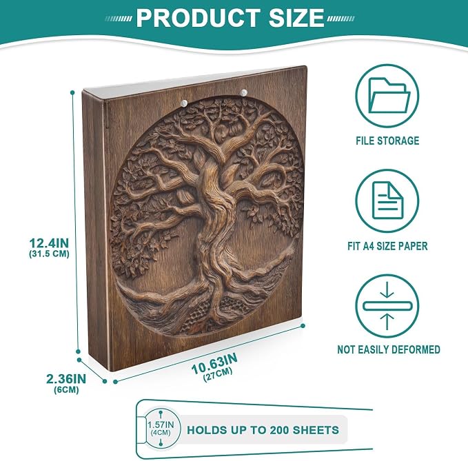Vintage Wood Texture Tree of Life Binder 3 Ring 1.5 Inch Binder with Clipboard&Pockets, Hardcover Binders Heavy Duty Large File Folder for Office School Supplies - Holds 200 Sheets