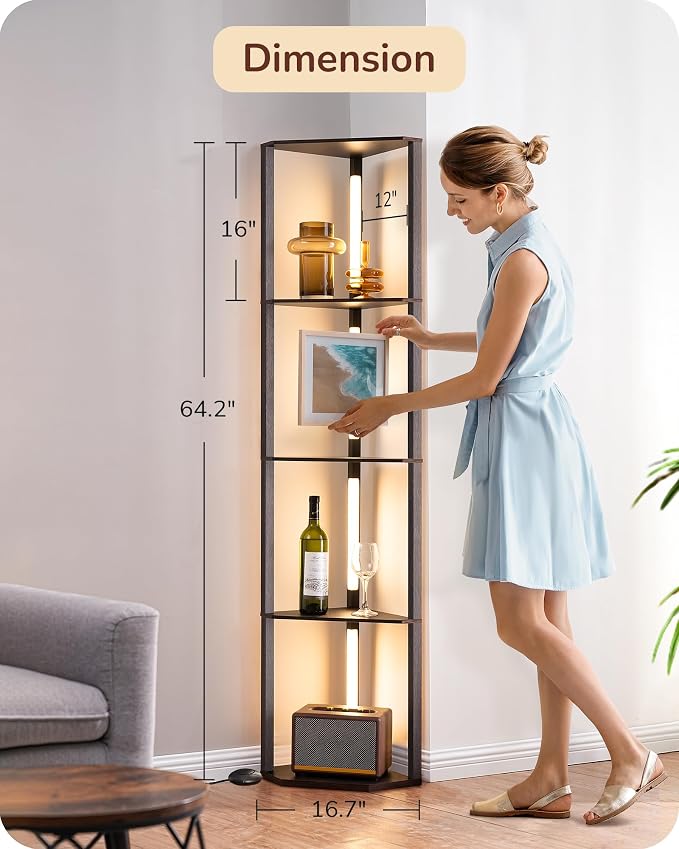 EDISHINE 64" Corner Shelf Floor Lamp for Living Room, Modern LED Corner Light with Shelves, 3CCT, Stepless Dimmable Tall Floor Light for Bedroom, Office, Dining Room, 3000K 4000K 5000K, Black Walnut | Stepless Dimming, 4-Layer Shelf, Foot Switch, 3000K...